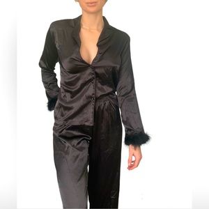 NWT night Black Satin Pajama Set With Feather Trim 8
